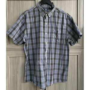 Izod Button Down SS Shirt Gray Blue Black Plad Pattern Cotton XL